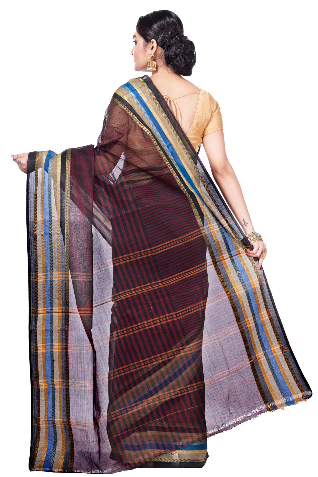 Brown Pure Cotton Khajur_Churi_Strip Tant Saree (657)